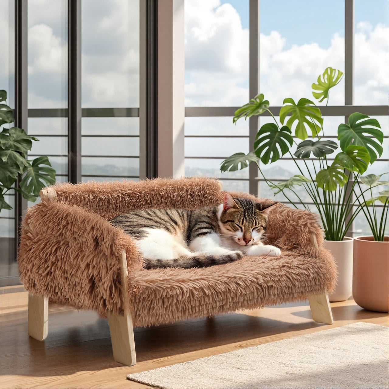 Large Cat Bed Sturdy Wooden Leg Raised Plush Cat Sofa Bed Kitten Bed for Indoor Cats - Soft Cat Couch - Play Paws Toys
