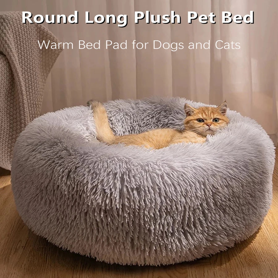 Soft Long Plush Cat House Beds dog Calm Warm Faux Fur Bed Donut Round Comfortable Sleeping Bed Washable for Small Medium Dog Cat - Play Paws Toys