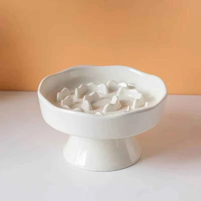 Ceramic slow-feeding bowl high-leg cat bowl with neck protection not easy to overturn, dog choke-proof bowl slow cat accessories