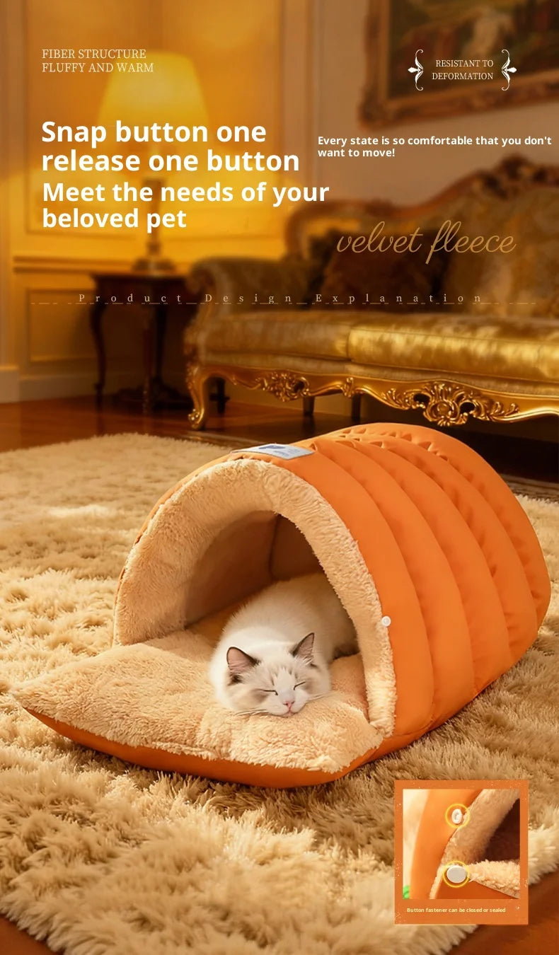 Semi-Enclosed Cat Bed Winter Warm Cat Cave Bed Washable Cat House Non-Slip Warm Waterproof Bottom for Indoor Cats Anti-Anxiety