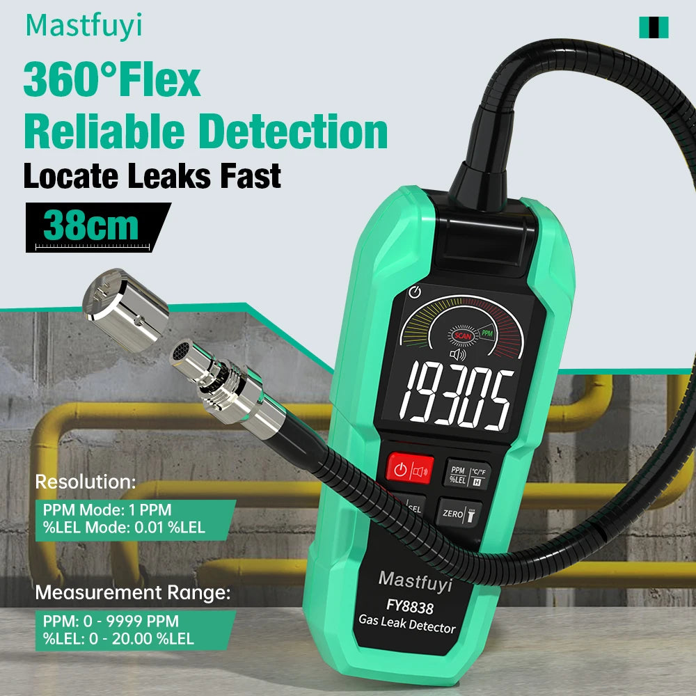 MASTFUYI FY8838 Professional Gas Leak Detector 0-9999PPM - Portable Combustible Gas Sniffer for Methane LNG Audio Visual Alarm