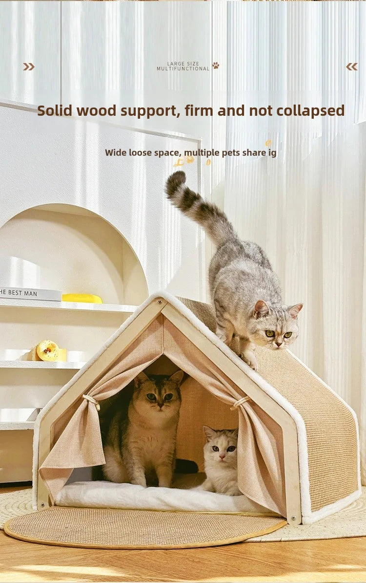 Cat nest Winter warm cat villa Cat house shell semi-enclosed sleeping bag cat scratching board does not drop scraps sisal cat te - Play Paws Toys