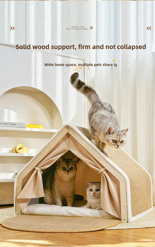 Cat nest Winter warm cat villa Cat house shell semi-enclosed sleeping bag cat scratching board does not drop scraps sisal cat te - Play Paws Toys