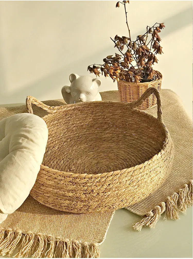 OUZEY Rattan Weaving Cat Basket Pet Cat Bed With Cushion Soft Warm Puppy Kitten Bed Donut Round Comfortable Sleeping Cat House - Play Paws Toys