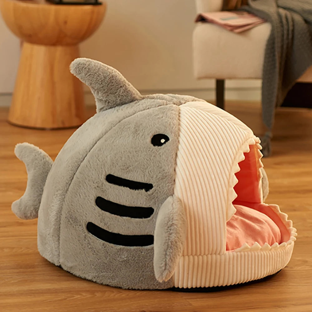 Winter Warm Pet Beds Shark Cat Mat Semi-Closed Pillow Puppy Nest Thicken Kittens Basket Cushion Pillow Mat Dogs Cats House Goods - Play Paws Toys