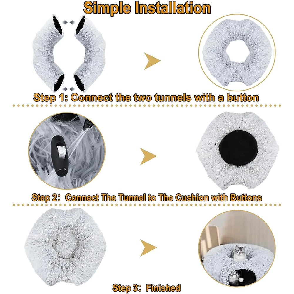 Winter New Arrival Plush Cat Tunnel Bed Foldable Two-in-One round Warmth Pet Nest Thickened Cozy Cuddly Cat Hideaway - Play Paws Toys