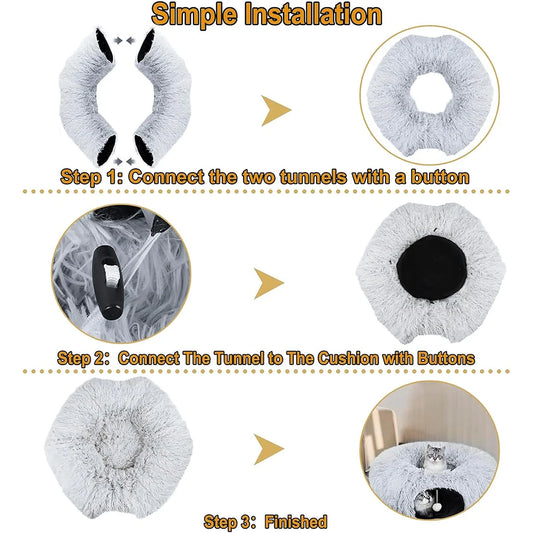 Winter New Arrival Plush Cat Tunnel Bed Foldable Two-in-One round Warmth Pet Nest Thickened Cozy Cuddly Cat Hideaway - Play Paws Toys
