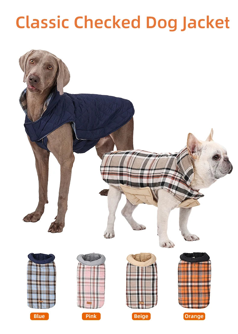 Reversible Dog Jacket Winter Dog Clothes Waterproof Checked Soft Quilted Coat for Small Large Dogs Warm Pet Vest French Bulldog