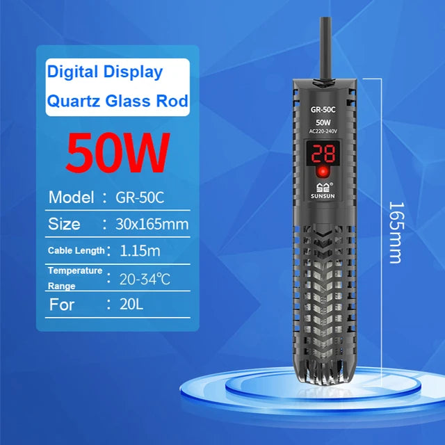 SUNSUN Aquarium Submersible Heater Fish Tank Quartz Glass LCD Display 220V Digital Heating Rod Constant Temperature Control