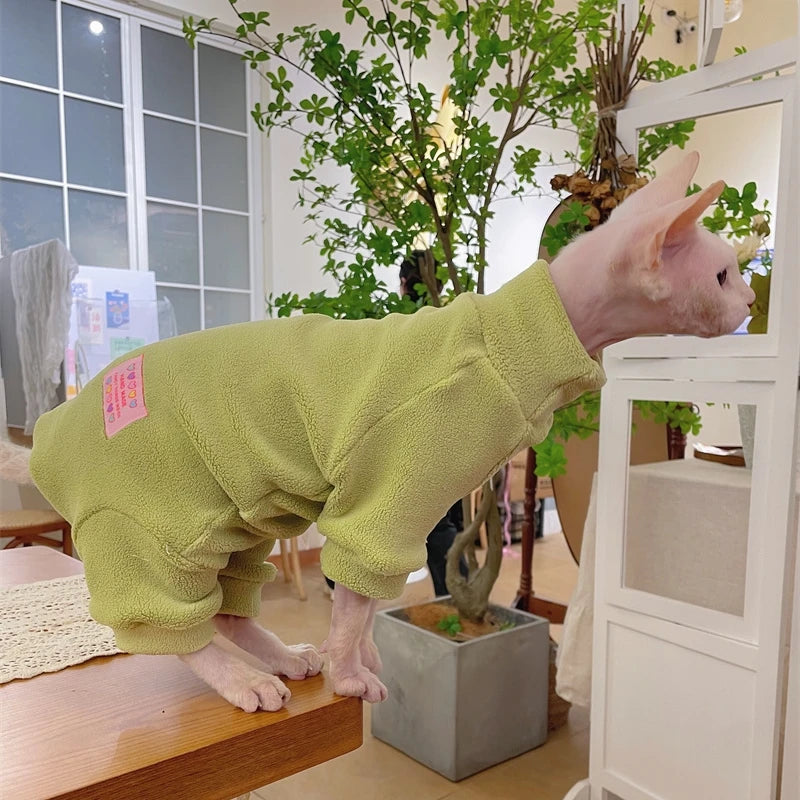 Fleece Coat for Sphynx Cat Warm Sweatshirt 4-legged Jumpsuit for Kittens Dogs soft Loungewear for Male Cat Devon Rex Sweater - Play Paws Toys