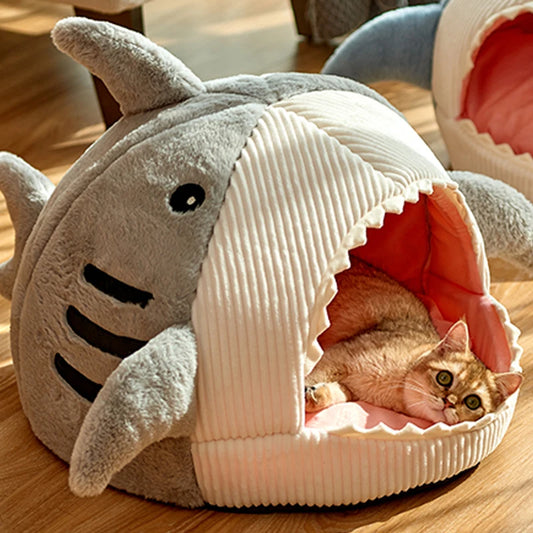 Winter Warm Pet Beds Shark Cat Mat Semi-Closed Pillow Puppy Nest Thicken Kittens Basket Cushion Pillow Mat Dogs Cats House Goods - Play Paws Toys
