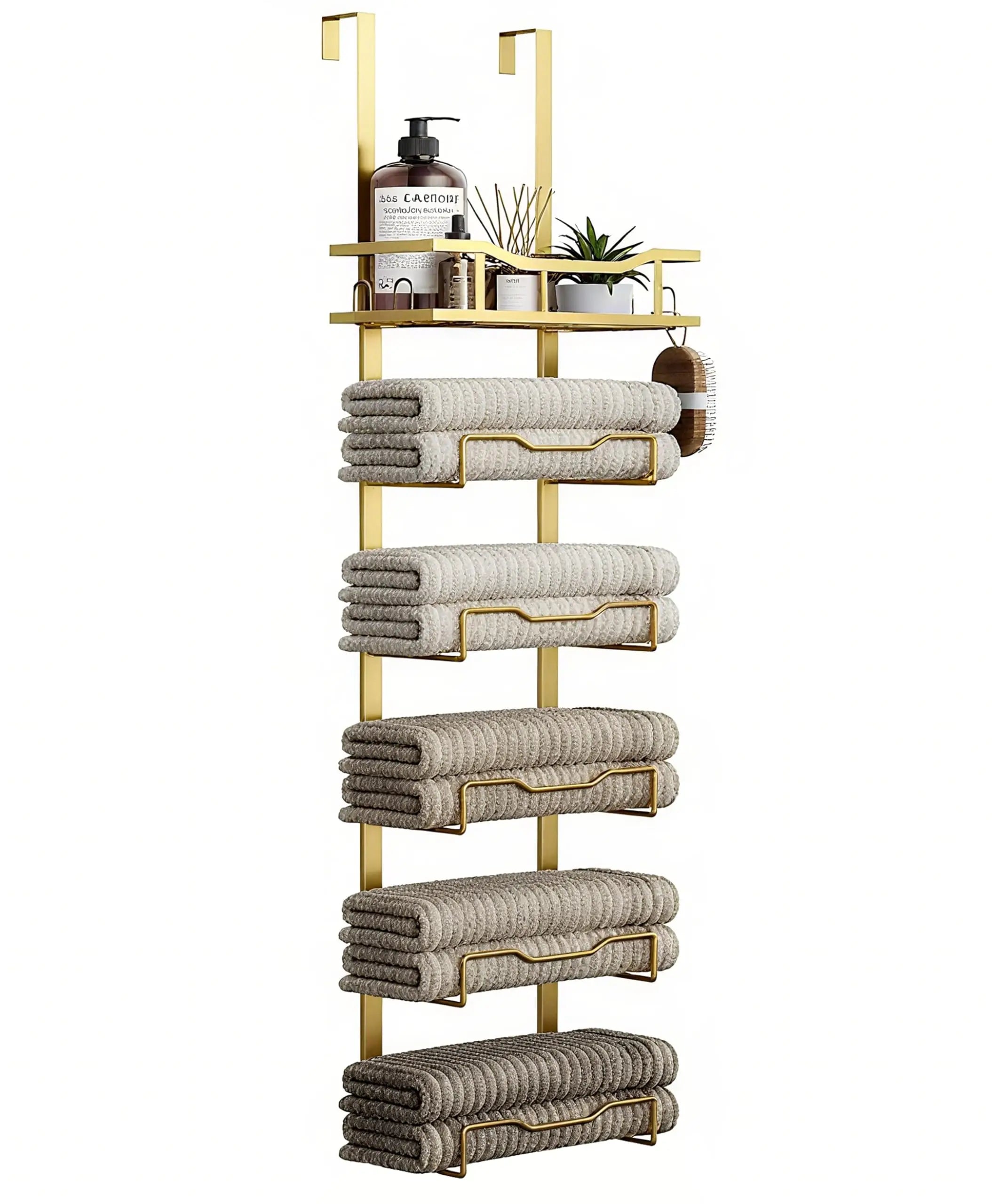 Hanging Towel Racks For Bathroom No Drill - 6-Tier Over The Door Bath Towel Storage Organizer For Small Bathrooms - Tiered Back