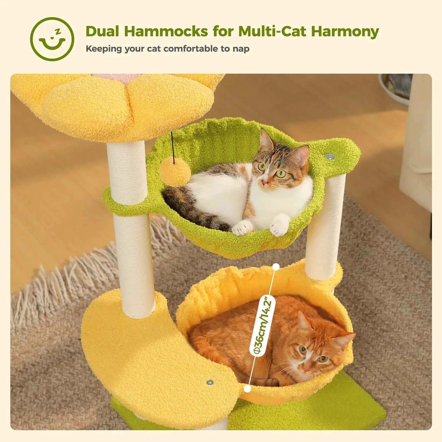 Flower Cat Tree with 2 Cozy Hammocks Sisal Scratching Posts Soft Top Perch Small Cat Tower for Indoor Kitty Cat Furniture Cat Toys