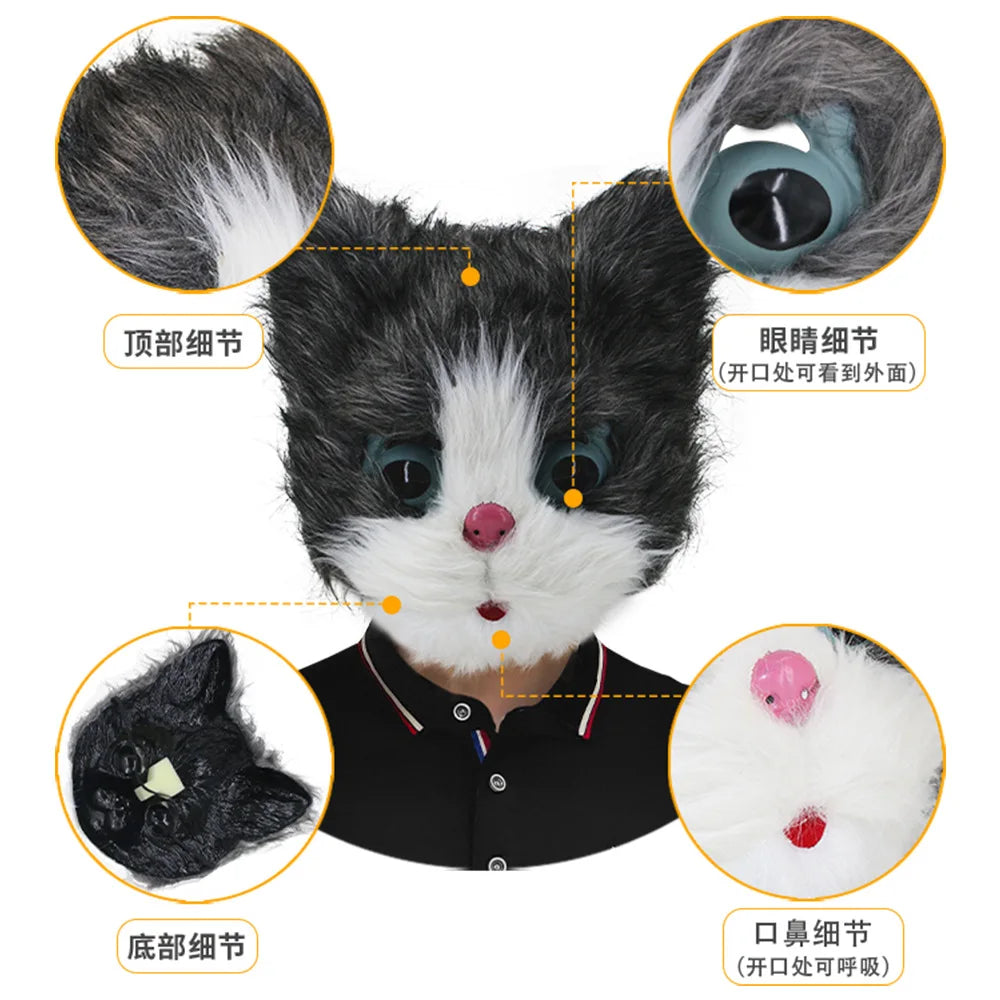 Latex with Fur Black Cat Cosplay Mask Scary Helmet Animal Funny Costume Hood Hair Mask Headwear Adult Halloween Party Props