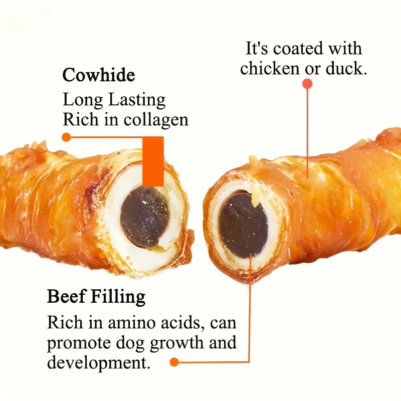 150g/5.29oz  Chicken Wrapped Cowhide Chocolate Stick, Meat Dog Snacks, Made From Chicken Meat And Beef Skin, Beef Stuffing