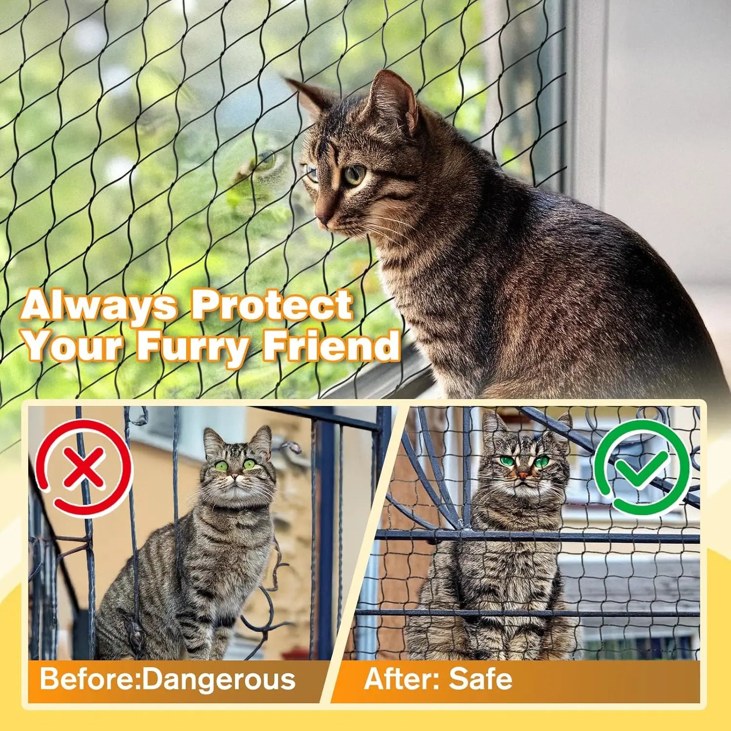 Steel Reinforced Cat Netting for Balcony- Cat Anti Fall Netting,Garden Net Anti Bird Net with Wire,Safety Netting Fence for Pets - Play Paws Toys