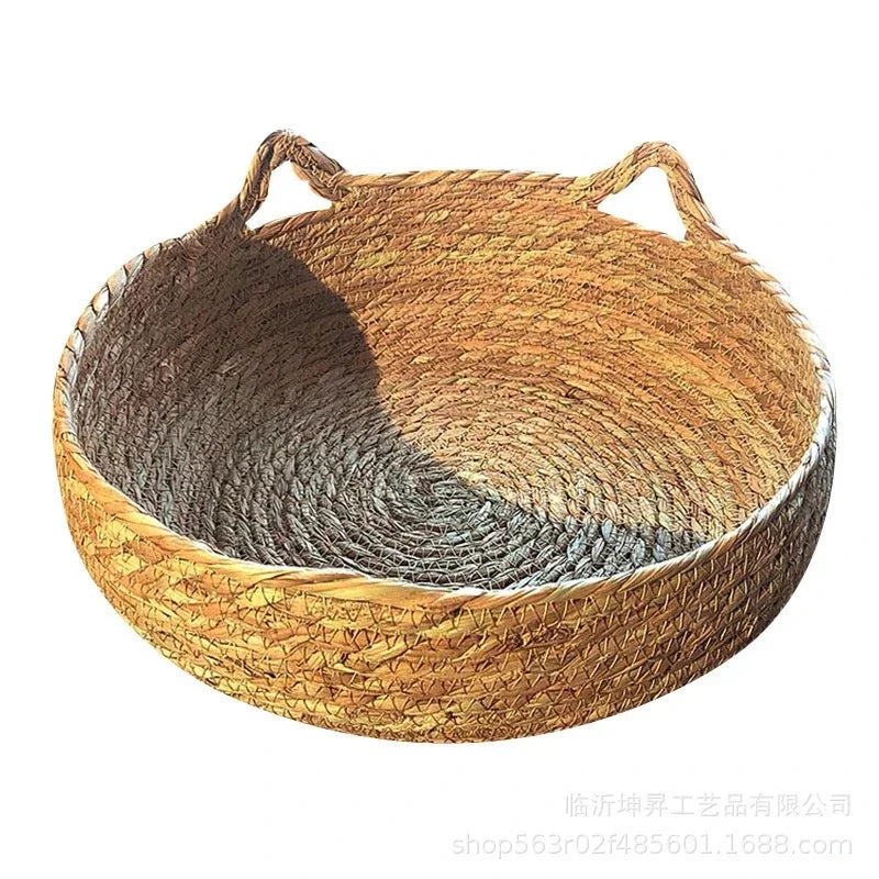 Rattan Weaving Cat Basket Bed With Soft Cushion Round Donut Design Cozy Warm Comfortable Sleeping Nest For Cats And Dogs - Play Paws Toys