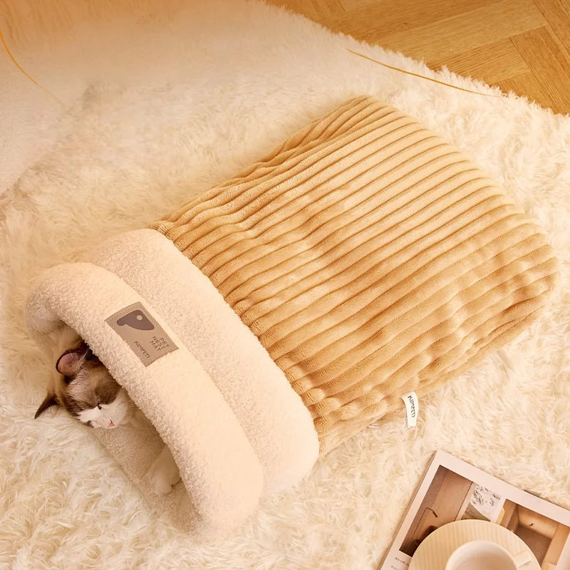 Cozy Burrow Bed: Thermal Winter Cat Cave with Enclosed Sleeping Bag Design - Snuggle Sanctuary for Anxious Cats & Small Dogs - Play Paws Toys