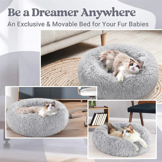 Soft Long Plush Cat House Beds dog Calm Warm Faux Fur Bed Donut Round Comfortable Sleeping Bed Washable for Small Medium Dog Cat - Play Paws Toys
