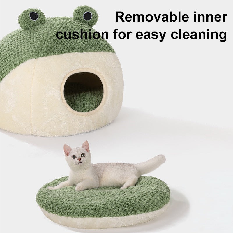 New Pet Nest Winter Warm Dog Den Cat Villa Plush Pets Mattress Small Frog Shape Semi Enclosed Kitten Puppy House Pet Supplies - Play Paws Toys