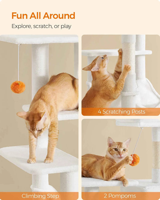 Feandrea Cat Tree, 55.1-Inch Cat Tower, Plush Multi-Level Condo with 4 Scratching Posts, 2 Perches, Hammock, Cave