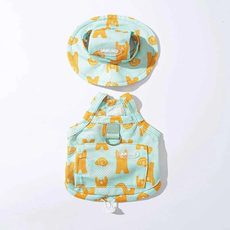 Summer Mesh Dog Clothes Stretchy Bear Traction Cooler Pet Beach Sun Vest Poodle Fashion Sling with Hat XS-XL