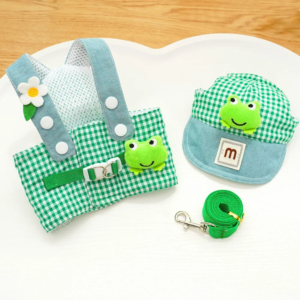 Three-piece Set Duck Frog Spring and Summer Pet Chest Harness Traction Rope Set - Breathable Fabric - For Cats & Puppies - Suita