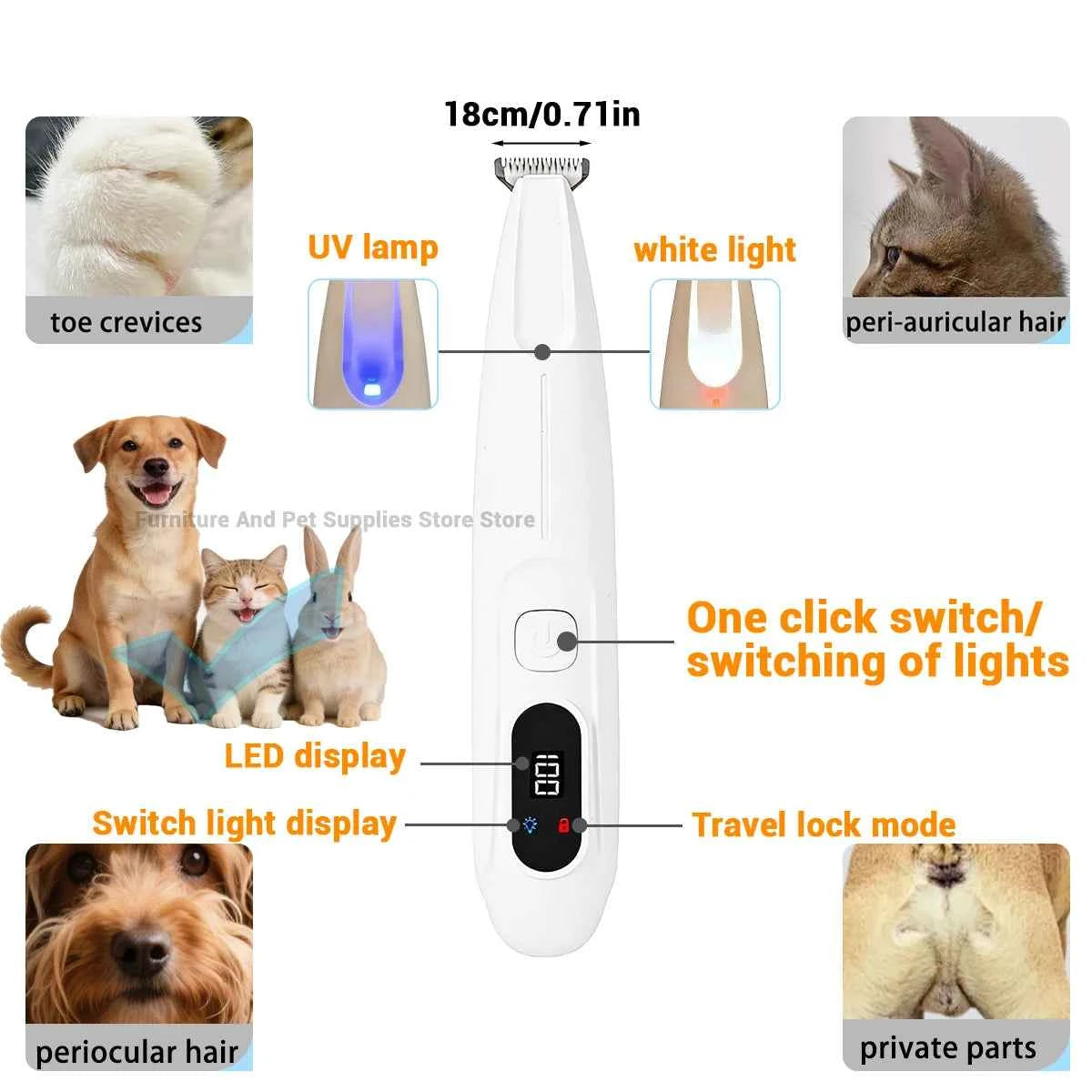 New LED/UV light dog paw trimmer fully waterproof pet hair trimmer with LED anti misoperation display screen dog and cat trimmer
