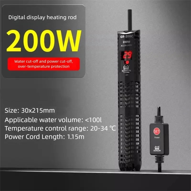 SUNSUN Aquarium Submersible Heater Fish Tank Quartz Glass LCD Display 220V Digital Heating Rod Constant Temperature Control