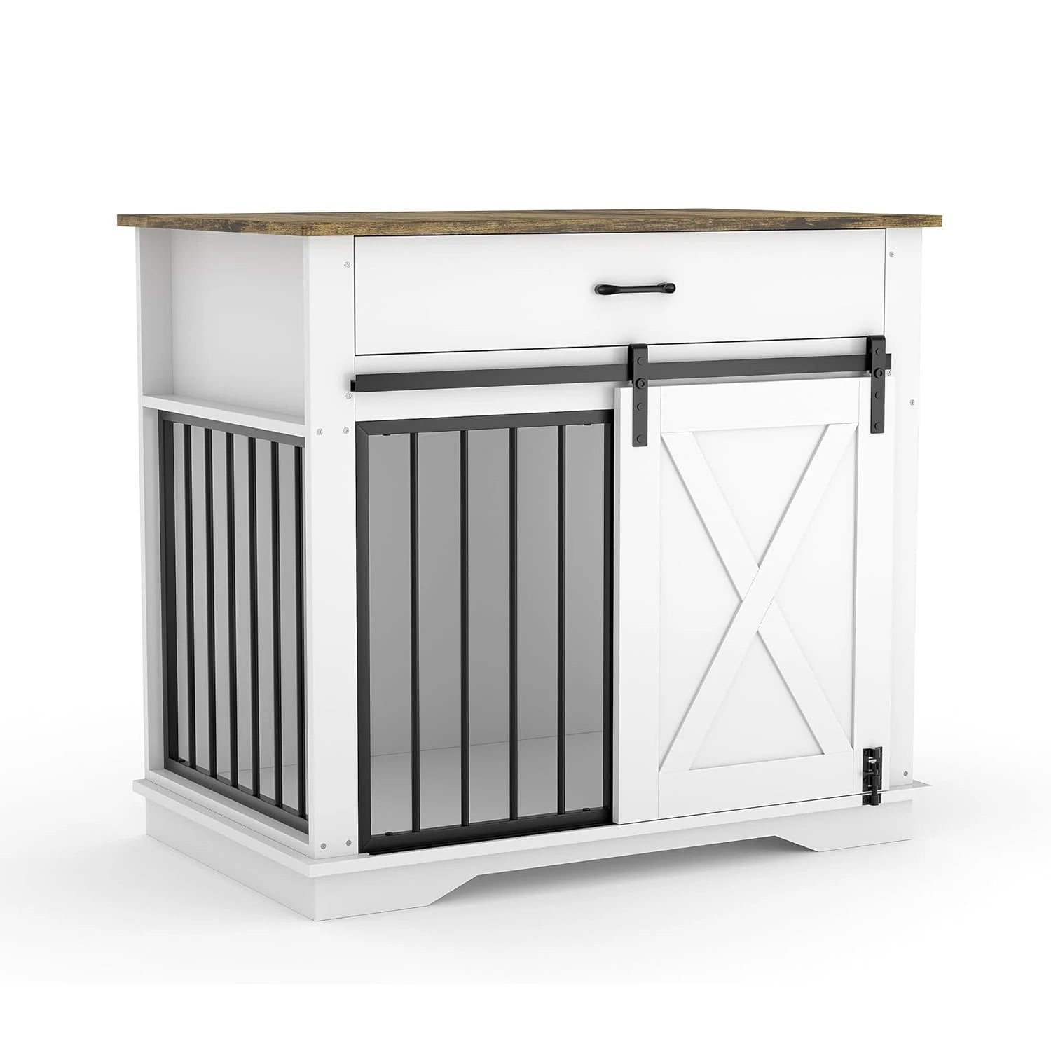 Wooden Dog Kennel with Double Doors, Sliding Barn Door and Storage Drawer, Pet Cage House End Table, Buffet Cabinet & Side Table