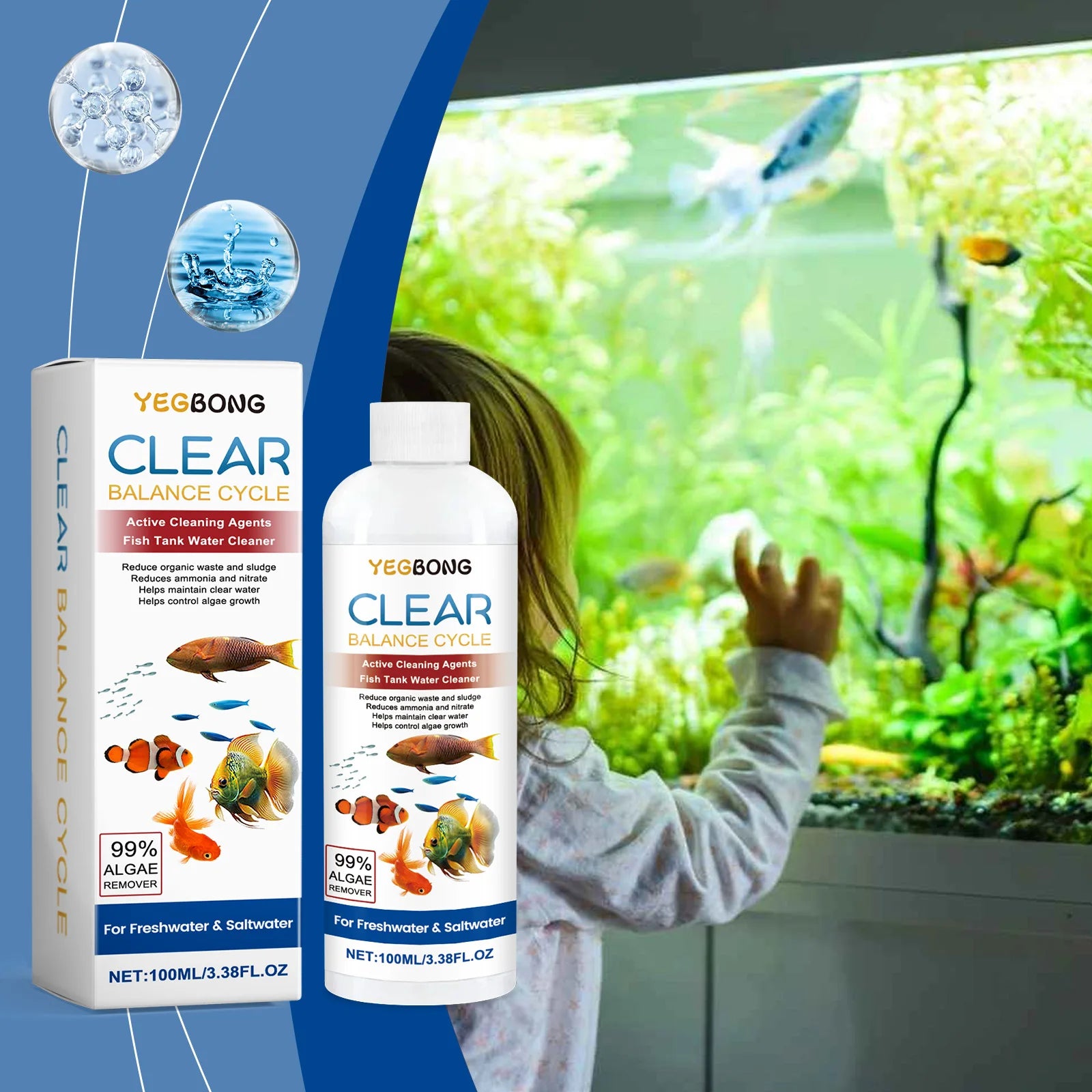 Fish Tank Water Clarifying Agent Quick Clean Stains and Sludge Control Algae Growth Water Purification Fish Tank Water Cleaner