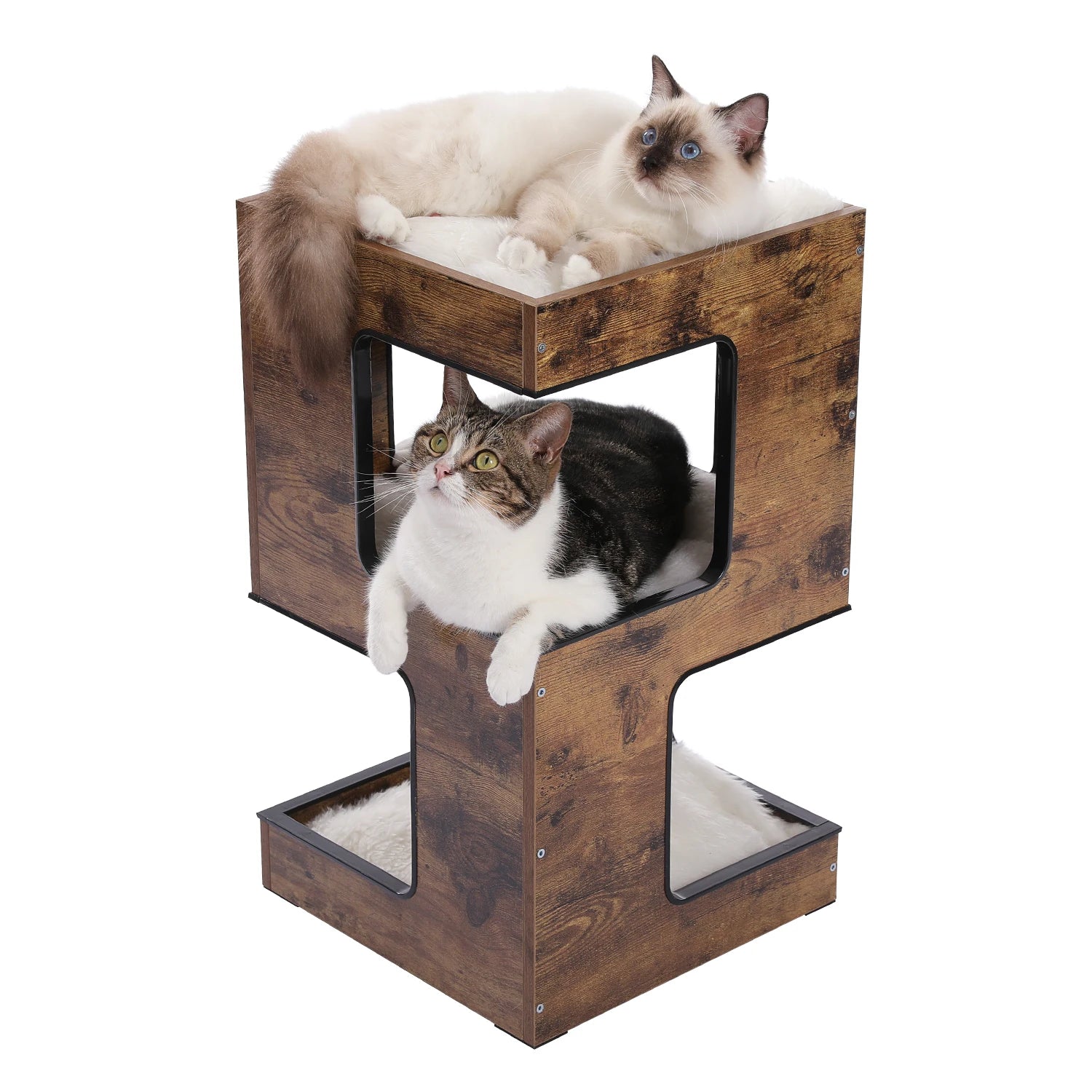 Wood Cat Condo House Bed with Removable Soft Mats Modern Cat Tree Tower with Scratching Pad Cat Scratcher Furniture Kitten Toys - Play Paws Toys