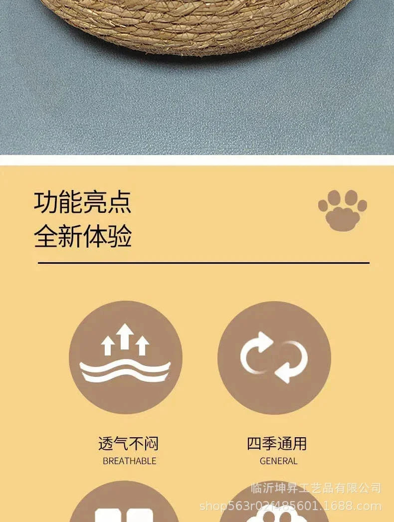 Rattan Weaving Cat Basket Bed With Soft Cushion Round Donut Design Cozy Warm Comfortable Sleeping Nest For Cats And Dogs - Play Paws Toys