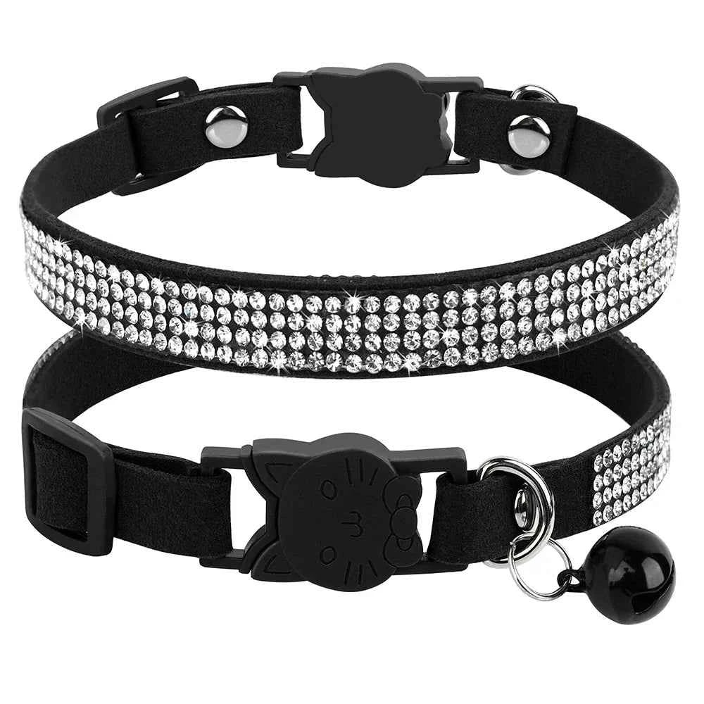Soft Pink Suede Leather Cat Collar - Bling Rhinestone Design with Bell, Safety Breakaway & Adjustable XS/S for Cats & Puppies