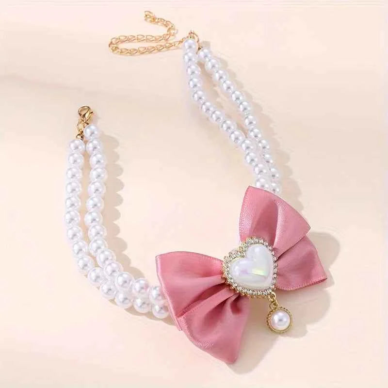 1Pc Double Layer Pet Collar with Heart Drop Pendant,ABS Material,Adjustable Bowknot Design,Suitable for Small to Medium Dogs