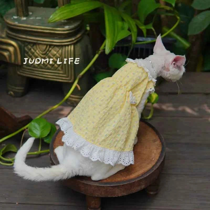 German Shorthair Cat Summer Bubble Cotton Yellow Floral Puffy Lace Heml's Dress Cats Clothes Kawaii Clothes