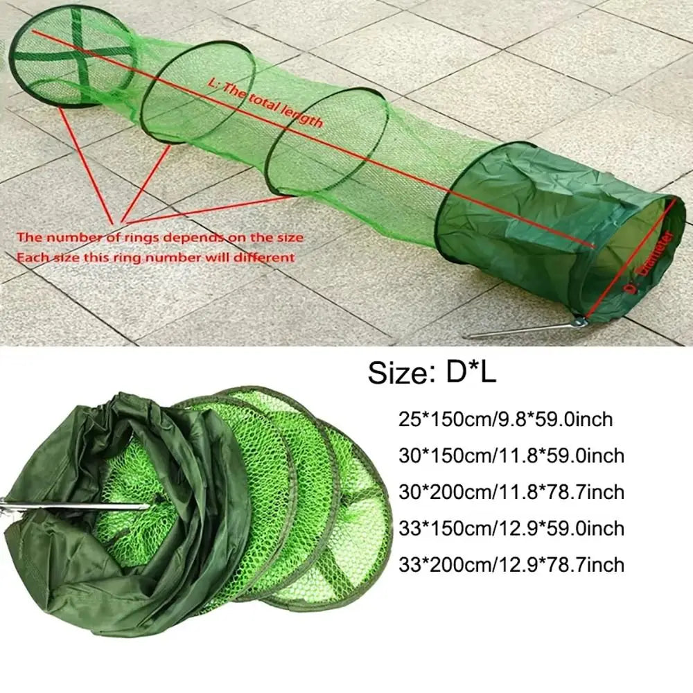 1Pcs 30x200cm Fish Cage Steel SUS Ring Nylon Mesh Fish Basket Waterproof Gluing Coating Quick Drying Live Fish Trap Net