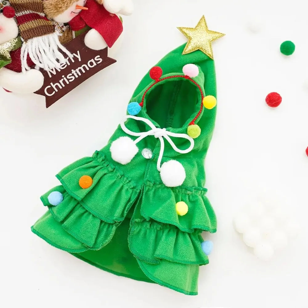 Cat Christmas Outfit Green Pet Cloak with Hat Star Pompoms Puppy Cape Clothes Tree Elf Costumes Party Pet Supplies Accessories - Play Paws Toys