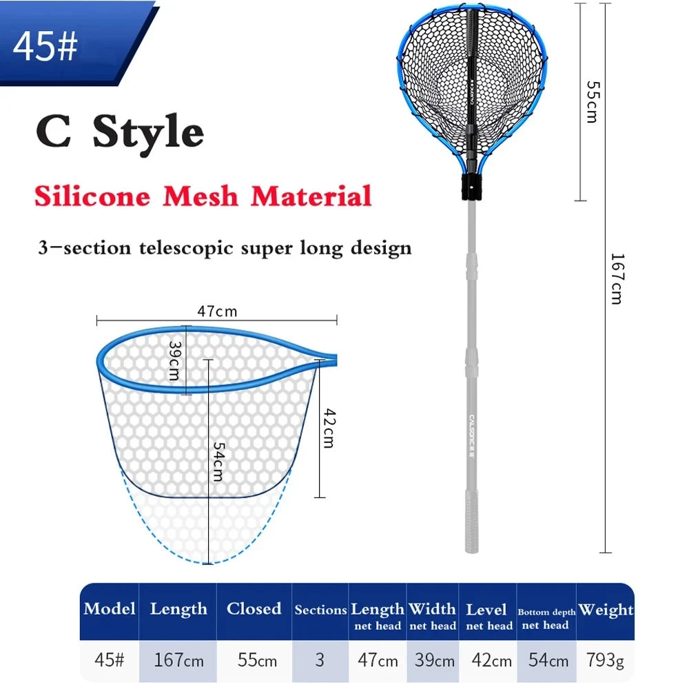 Portable Sea Fishing Long Hand Net Dip Net Folding Lure Nets Pocket Ultra Light for Big Fish Casting Fishing Silicone Mesh Tools
