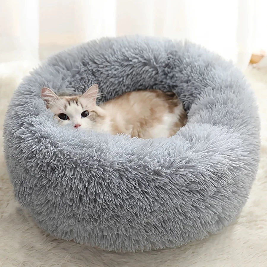 Soft Long Plush Cat House Beds dog Calm Warm Faux Fur Bed Donut Round Comfortable Sleeping Bed Washable for Small Medium Dog Cat - Play Paws Toys