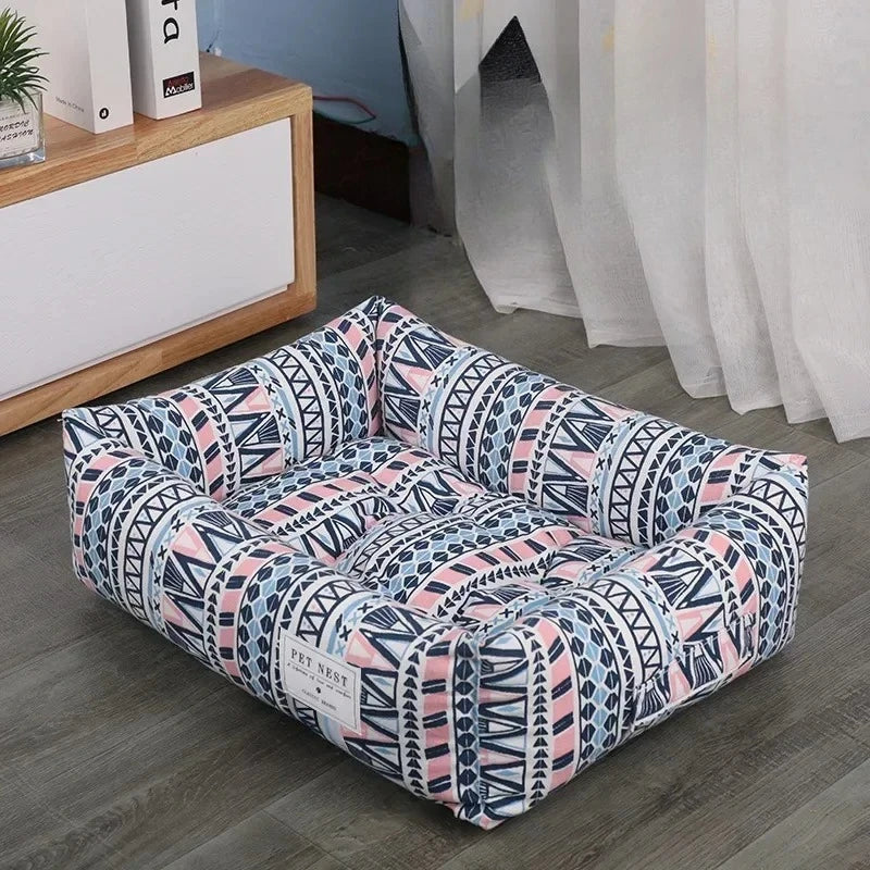 Plaid Printing Soft Removable&Washable Dog Bed Fabric Skin-Friendly Cotton&Linen Breathable Pet Sofa Square Cat Litte Dog Bed