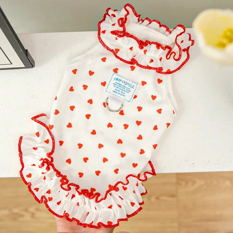 Princess Dog Dress Red Heart Floral Ruffle Skirt Sleeveless Pet Clothes Cute Puppy Cat Apparel For Summer Walking Party