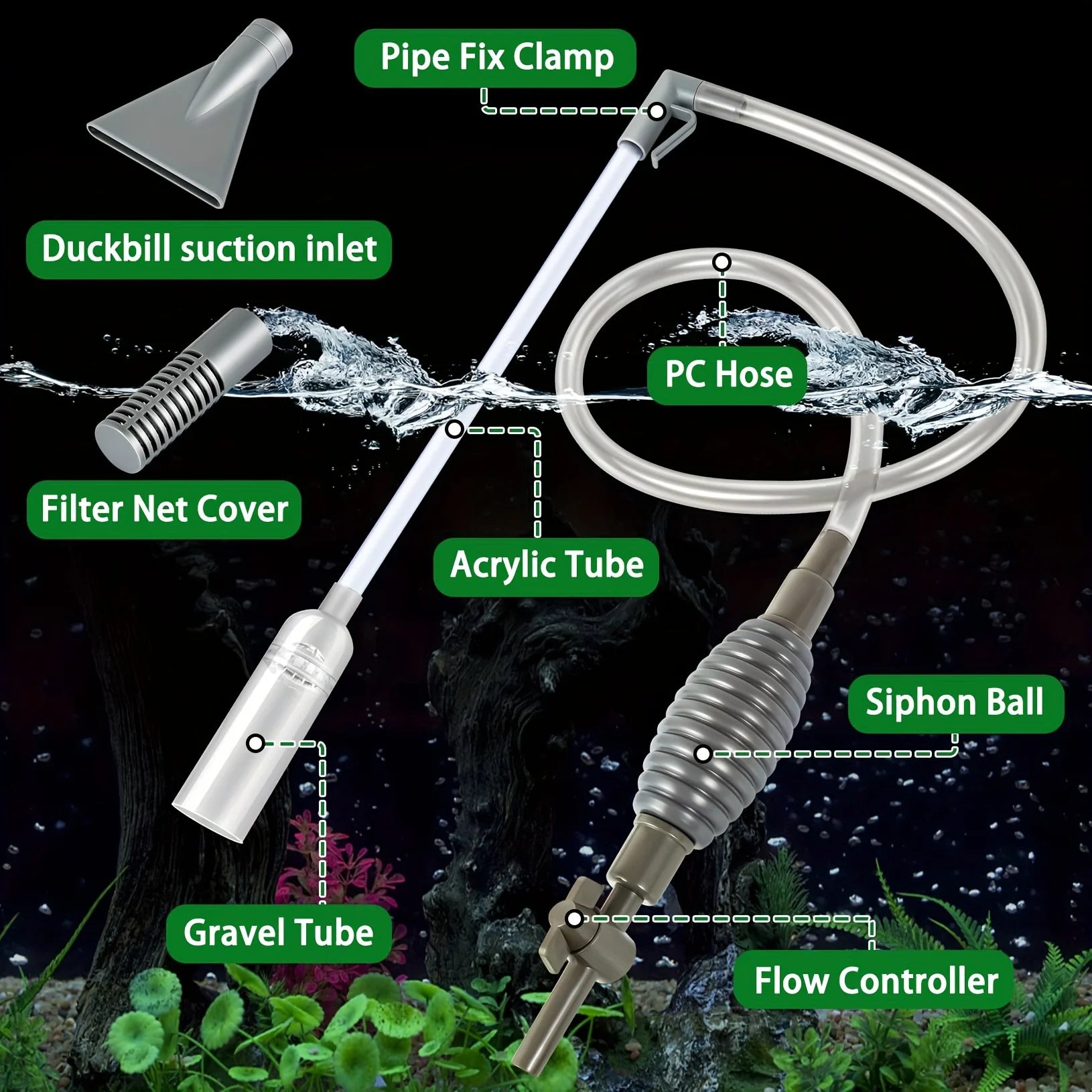 3-in-1 Multifunctional Aquarium Water Changer Manual Fish Tank Cleaning Siphon with Flow Control Debris Vacuum Fish Tank Drainer
