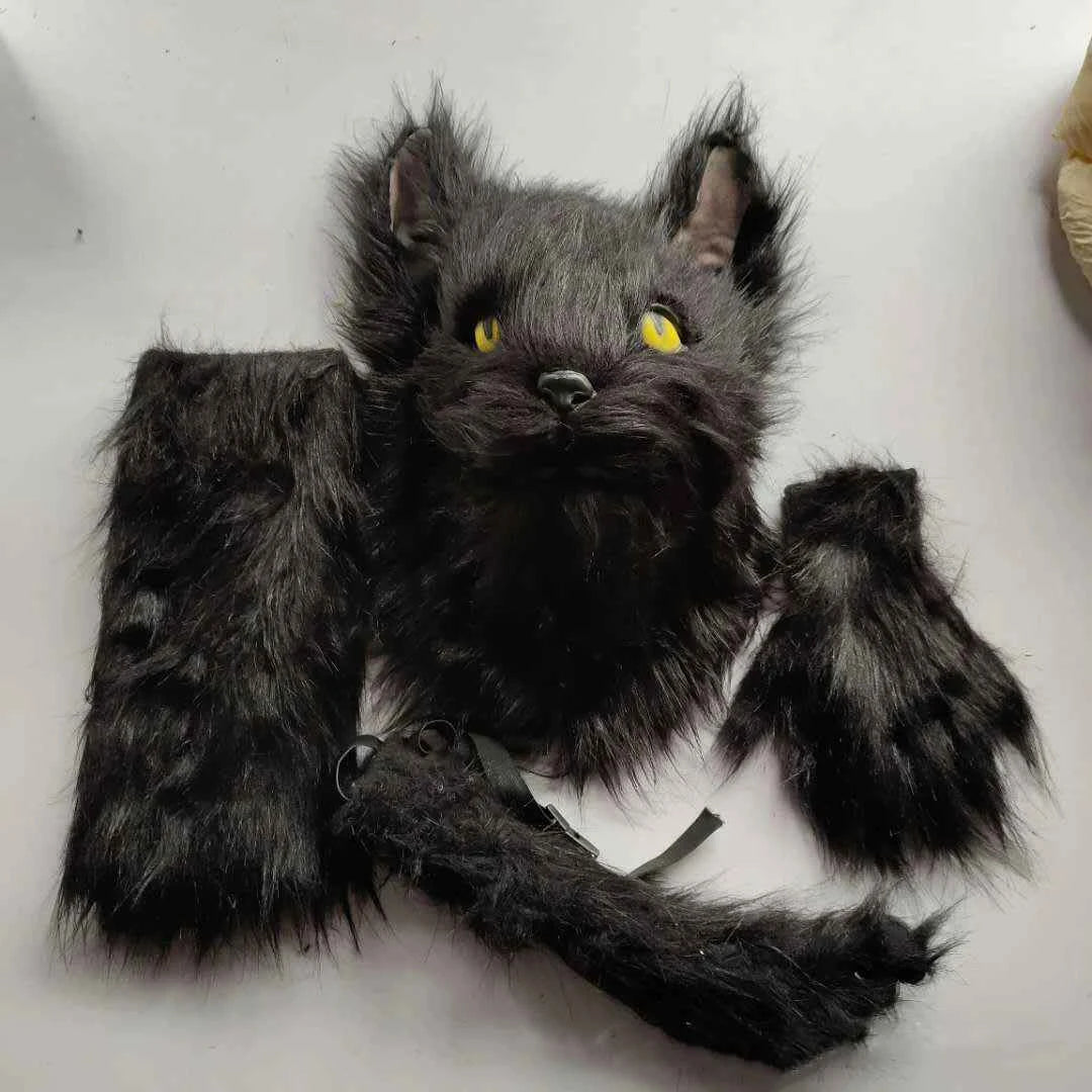 Latex with Fur Black Cat Cosplay Mask Scary Helmet Animal Funny Costume Hood Hair Mask Headwear Adult Halloween Party Props
