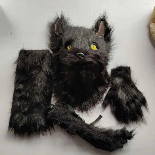 Latex with Fur Black Cat Cosplay Mask Scary Helmet Animal Funny Costume Hood Hair Mask Headwear Adult Halloween Party Props