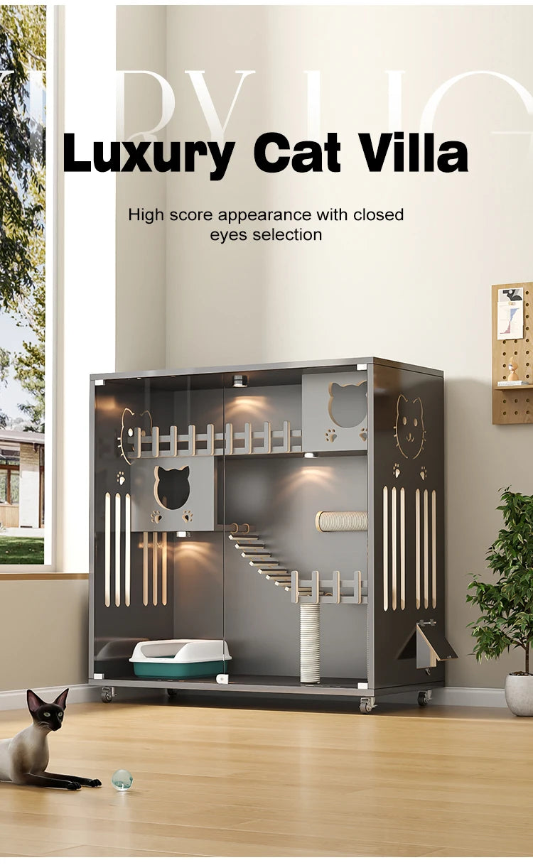 Customizable Luxury Wooden Cat Villa Big Pet Play Cage House for 2 Cats for Indoors Living Room - Play Paws Toys