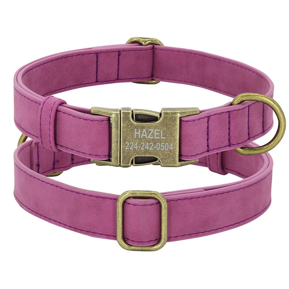 Personalized Anti-lost Dog Collar Custom Dog ID Tag Collars Soft PU Leather Pet Collars Free Engraved Metal Buckle For Bulldog - Play Paws Toys