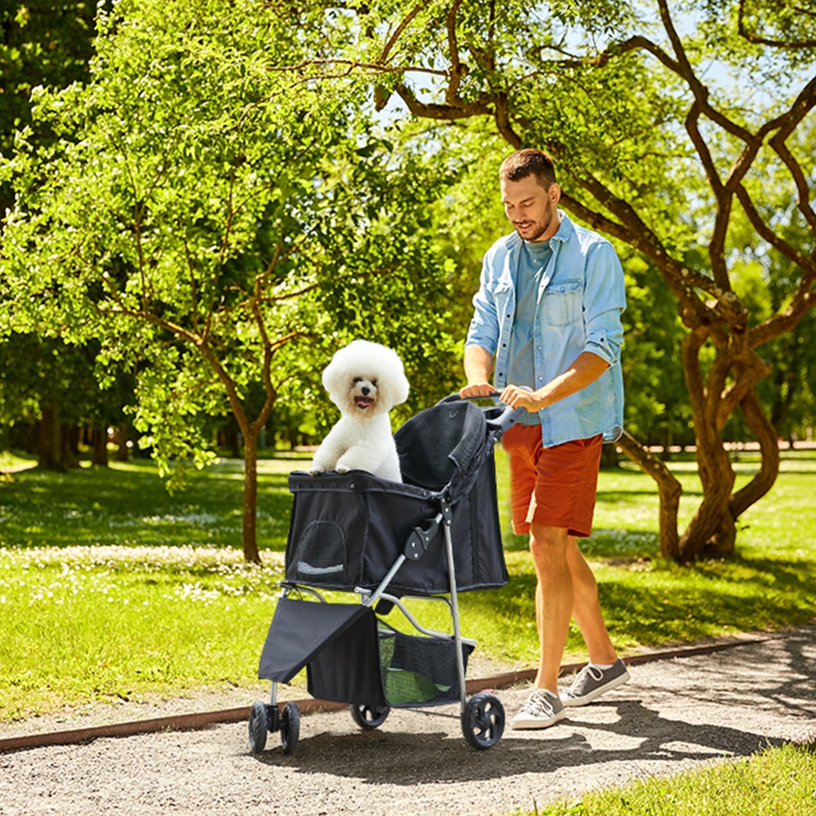 JHK 3 Wheels Foldable Pet Stroller for Small Dogs and Cats Stroller with Mesh Windows Storage Basket Cup Holder for Outdoor Use - Play Paws Toys