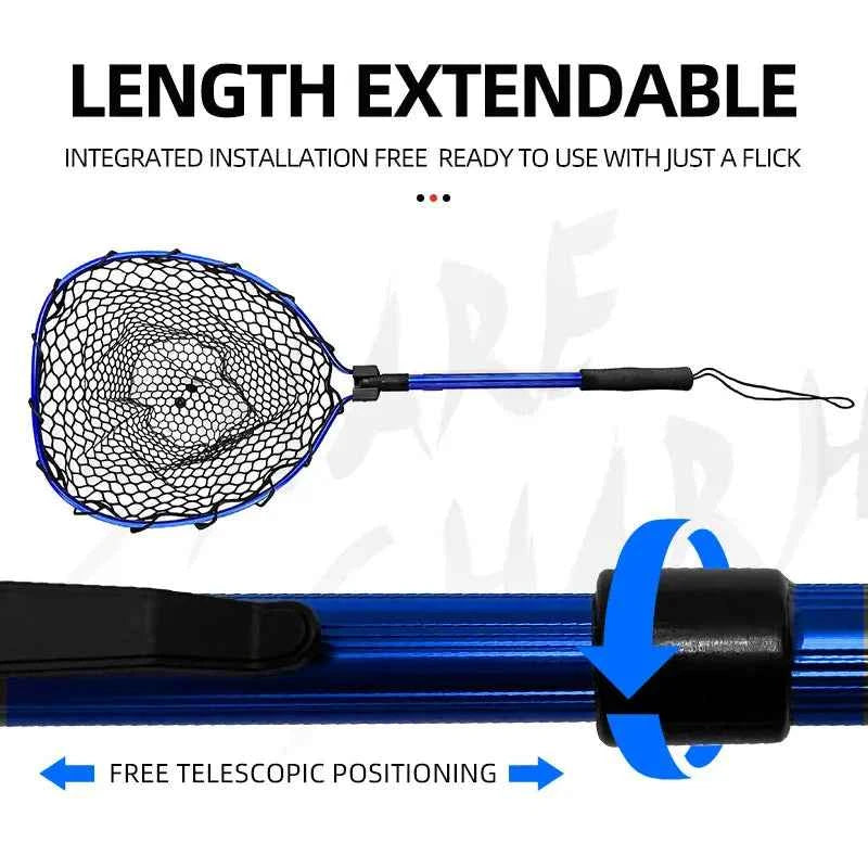 ShareShark Ultra-light portable soft rubber net with aluminum alloy handle, foldable fly fishing landing net fishing tool access