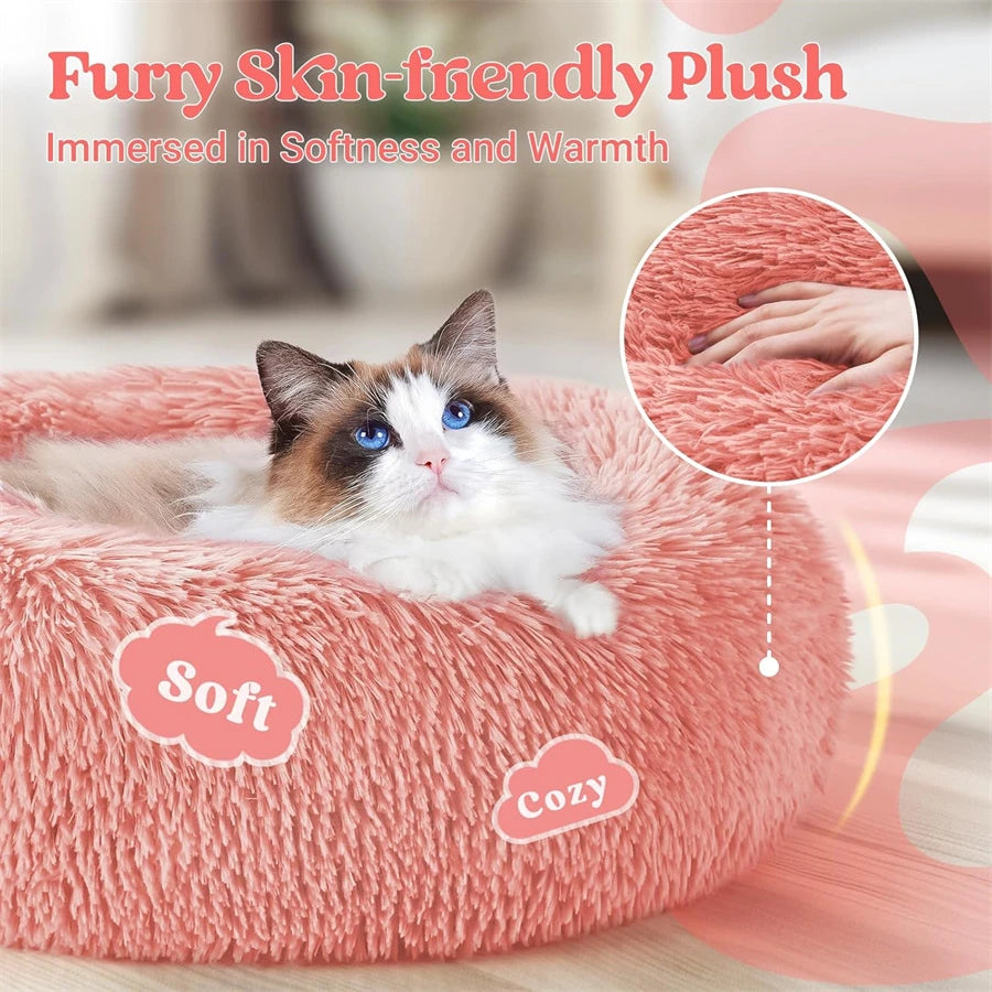 Soft Long Plush Cat House Beds dog Calm Warm Faux Fur Bed Donut Round Comfortable Sleeping Bed Washable for Small Medium Dog Cat - Play Paws Toys